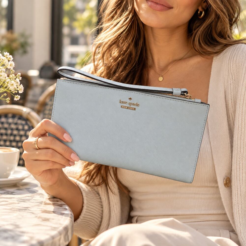 Kate Spade New York Saffiano Leather Wristlet Pouch Light Blue Clutch Wallet